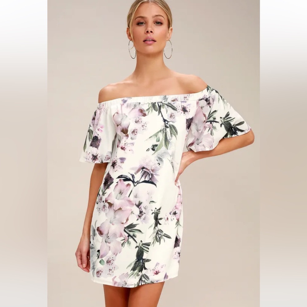 Lulus Dream of You Ivory Floral Print Off-the-Shoulder Shift Mini Dress Sz S NEW